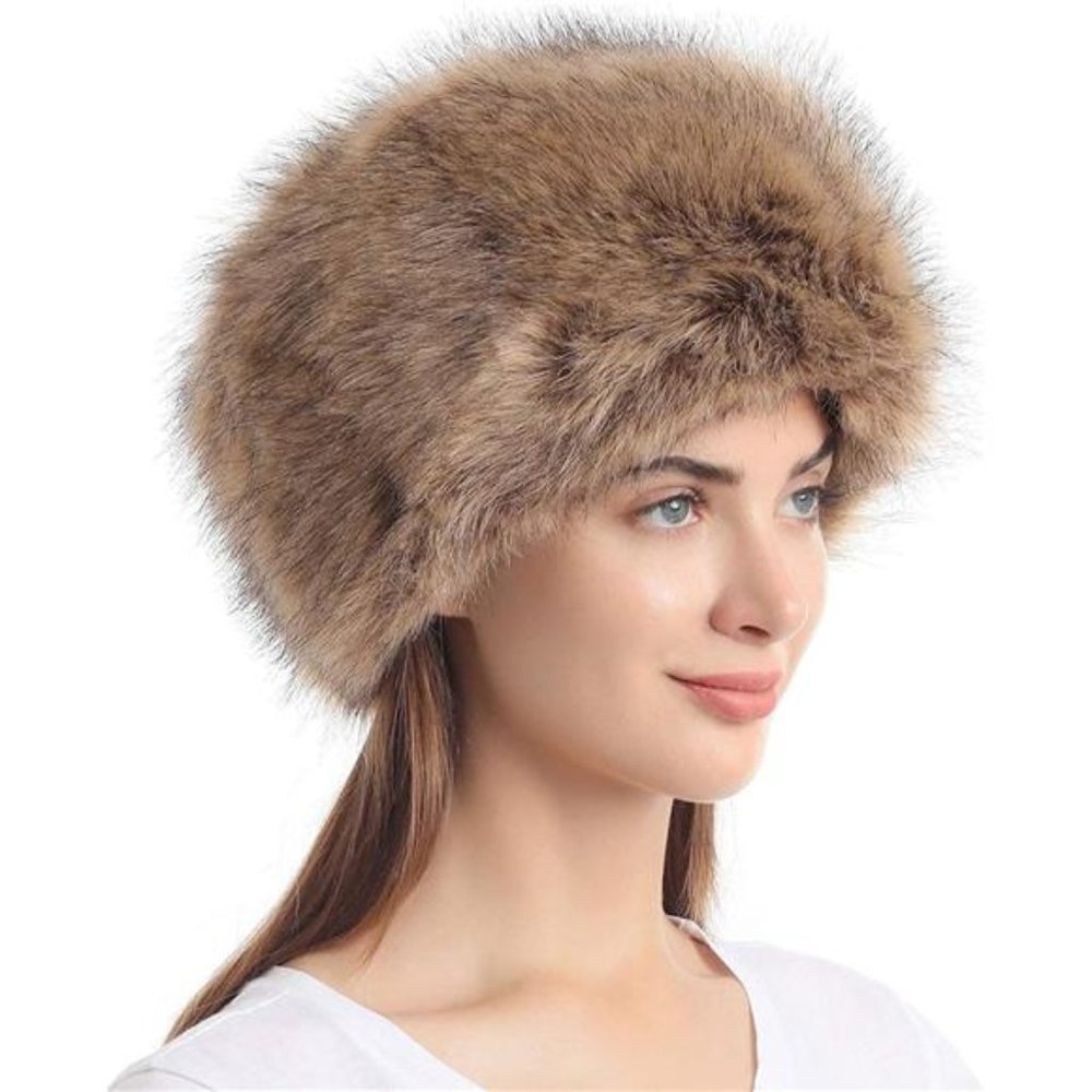 Women's Faux Fur Hat with Stretch Cossack Russian Style White Warm Cap